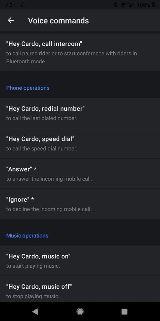 Cardo Connect App，示例语音命令列表屏幕