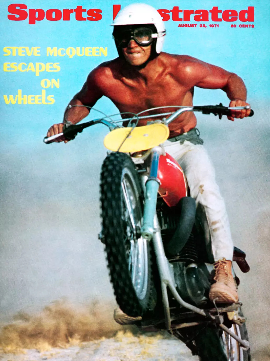 史蒂夫·麦奎因在《体育画报》杂志的封面,以他的标志性Husqvarna的400摩托车