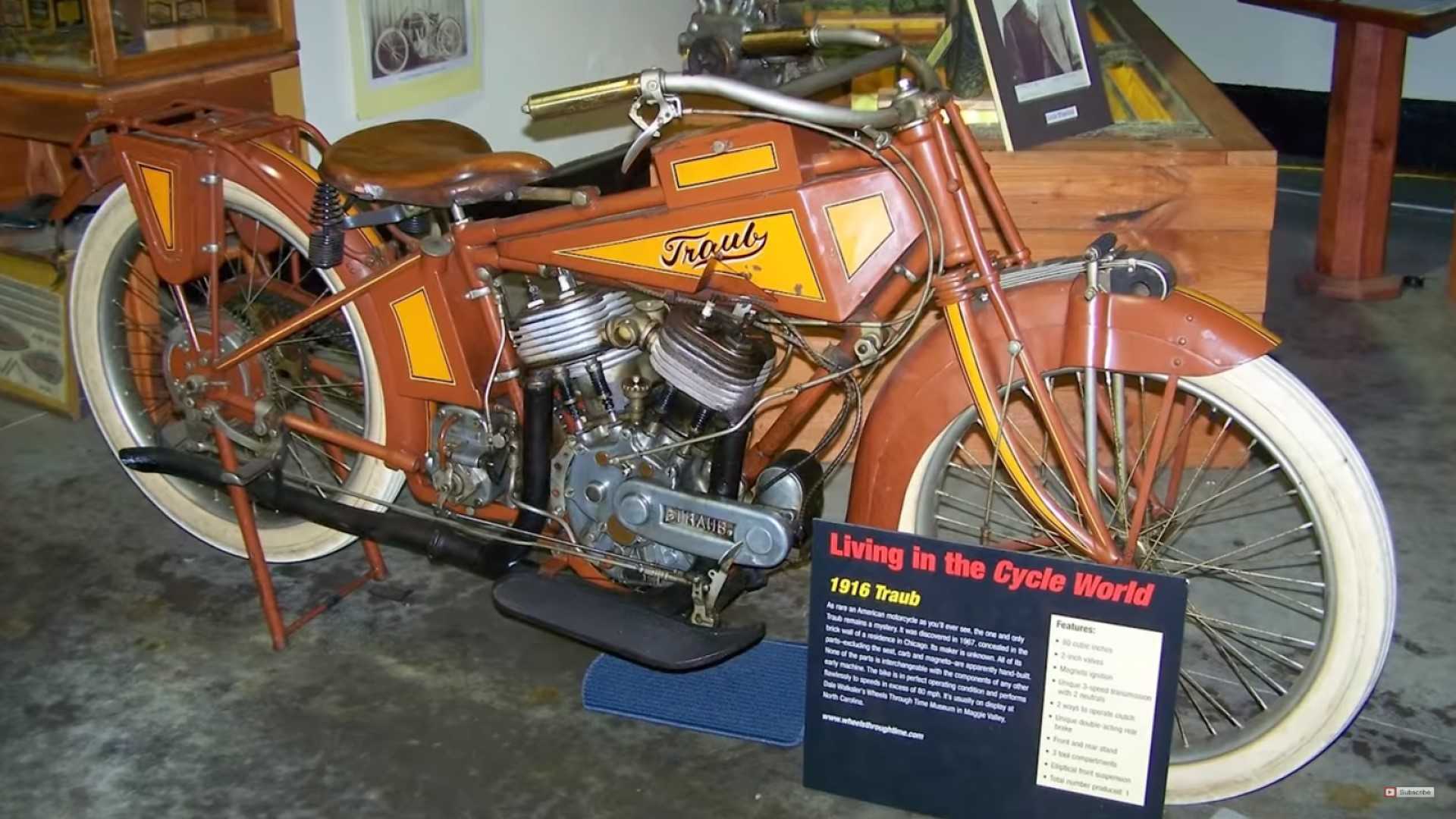 Traub摩托车的视图，这台机器估计是1916年制造的，是至今仍未解开的独一无二的谜团