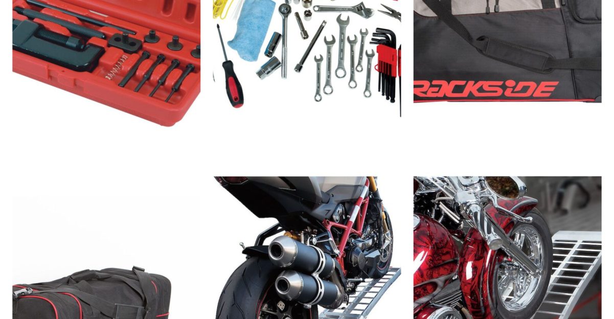 摩托车工具和齿轮包和坡道的拼贴
