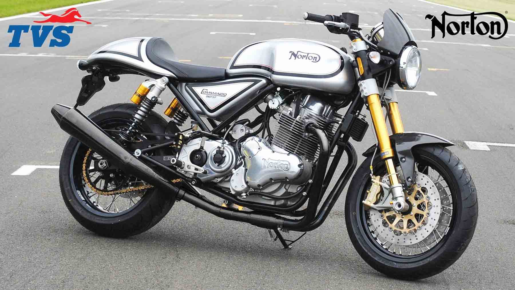 诺顿摩托车（Norton Motorcycles），带有来自诺顿（Norton）和最近的收购机电视电动机（TVS Motors）的徽标。照片由Gaadiwaadi提供。