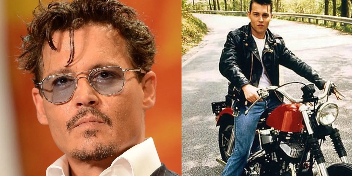 约翰尼·德普（Johnny Depp）在摩托车上的角色“韦德”（Wade）的照片中，在热门电影《 Crybaby》（1990年）中