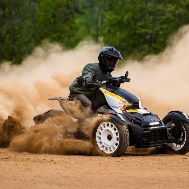 A rider drifting on the new Ryker rally edition. Media sourced from CycleWorld.