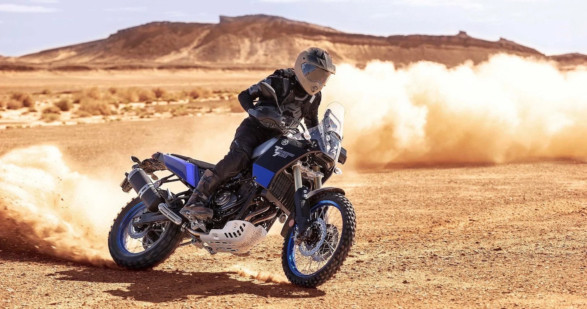 骑摩托车的人在一个冒险的自行车在沙漠中