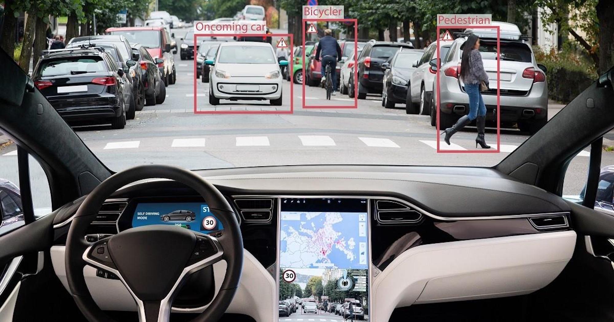 一辆自动驾驶汽车显示移动物体被提醒到汽车的程序。媒体来源:技嘉。
