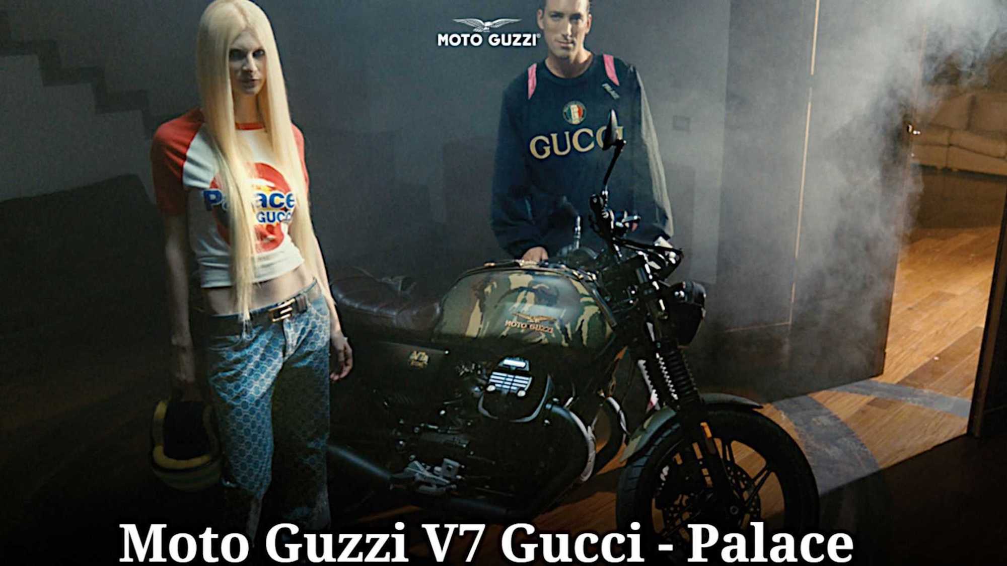 Palace Gucci Moto Guzzi V7石材限量版，与Gucci和Palace Skateboards合作打造。那位女士看起来不是特别高兴，但我们认为当她穿上一些好装备上路时，她就会咧嘴笑了。媒体来源自RideApart。