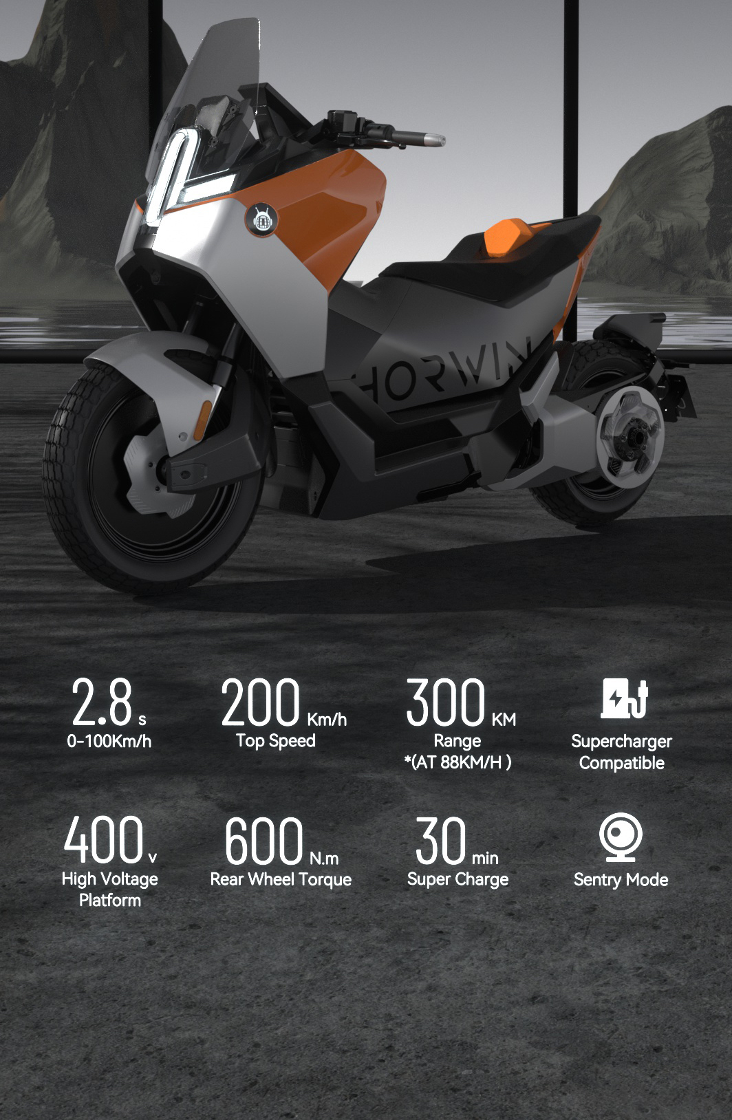 HORWIN SENMENTI 0，一款电动摩托车，展示了一些令人印象深刻的功率配置。媒体来源霍温网站。