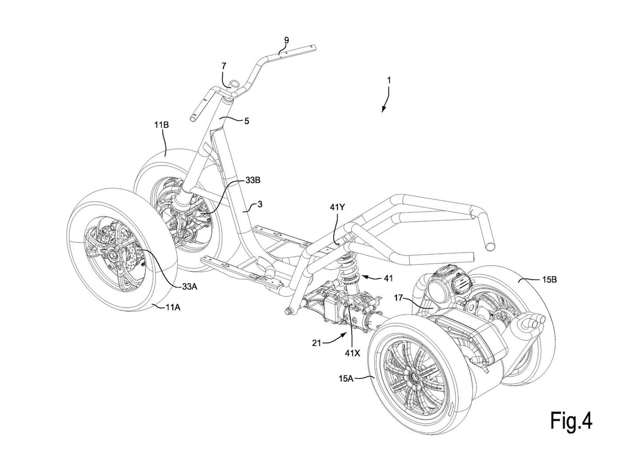 比亚乔的一系列专利揭示了一种新的四轮倾斜器。媒体来源自CycleWorld。