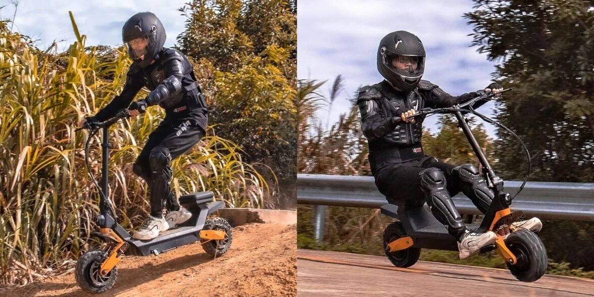 两个镜头是越野装甲男子骑着高速电动滑板车