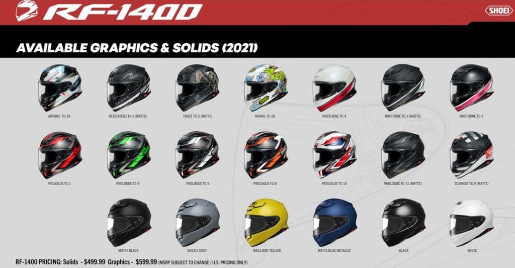 Shoei RF-1400头盔的不同配色方案。